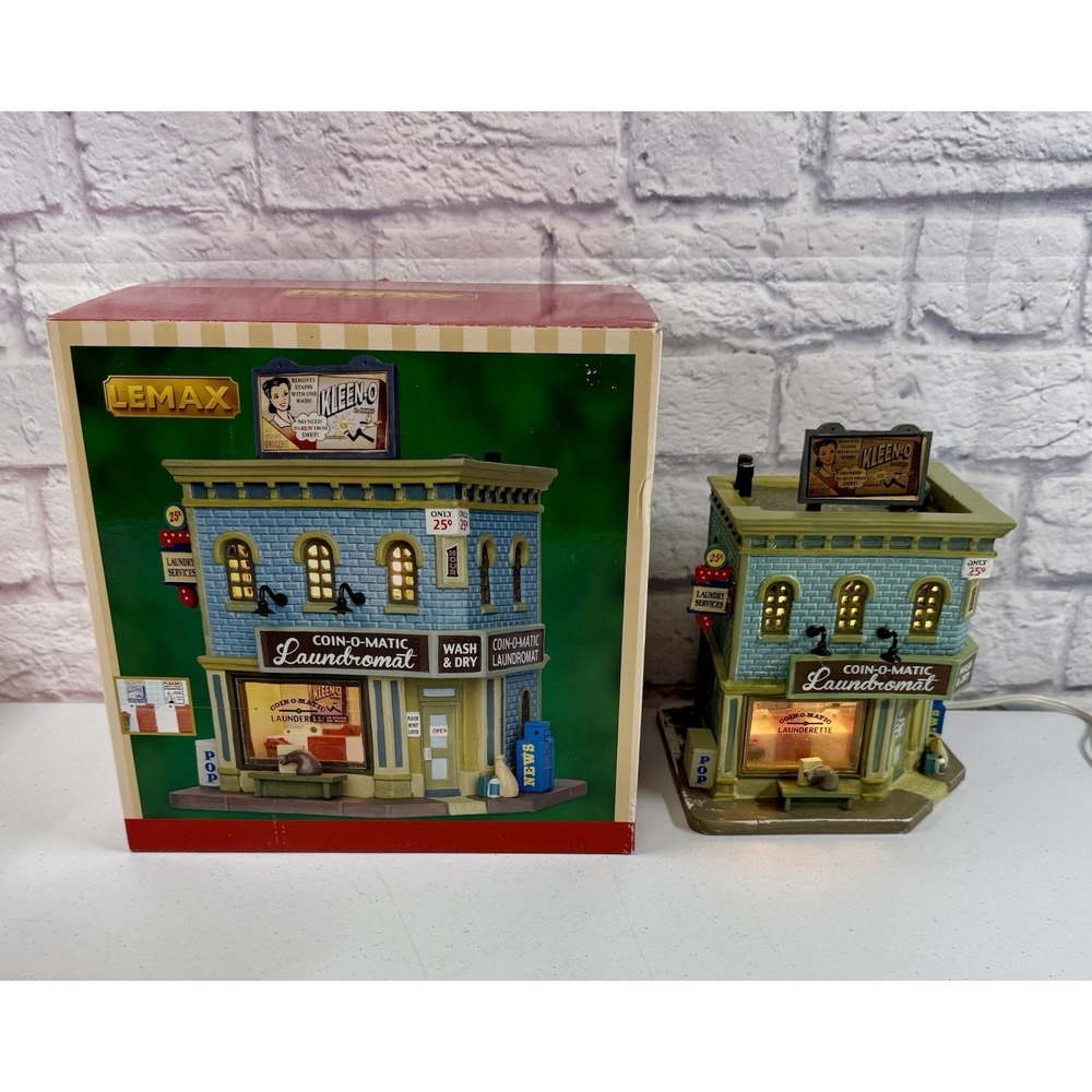 Lemax Village Coin O Matic Laundromat  Porcelain Lighted Building Lights Up